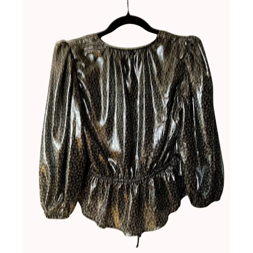 Free People XS Talk‎ That Talk Metallic Silver Floral Puff Sleeve Ruffle Top